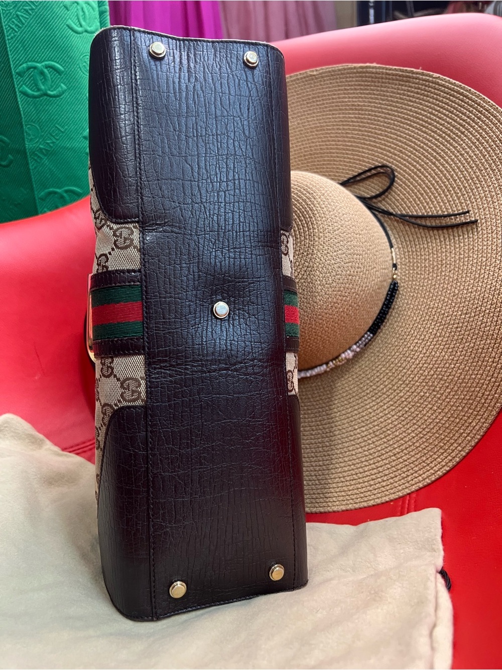 Gucci Brown GG Canvas Shoulder Hobo with Green-Red Web and Gold Accent - Picture 3 of 6